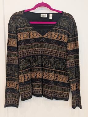 Vtg Chicos Design Egyptian Heiroglyph Beaded Top Sz 3 XL Black Gold V-neck